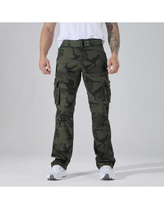 Men’s green Camo Cargo Pants. Sold in packs of 12. Price shown is for the full pack (12 pieces). – Straight-Leg Tactical Combat Trousers with Multi Pockets