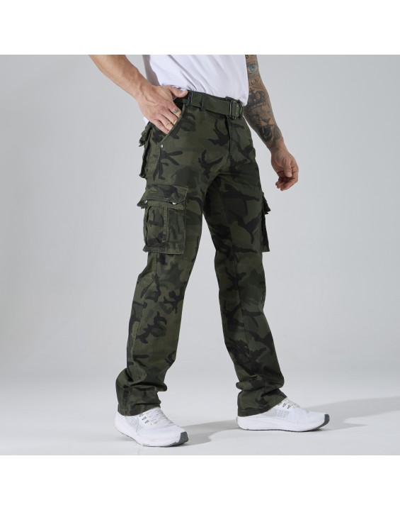Men’s green Camo Cargo Pants. Sold in packs of 12. Price shown is for the full pack (12 pieces). – Straight-Leg Tactical Combat Trousers with Multi Pockets