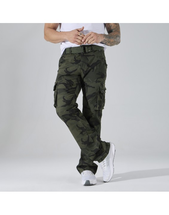 Men’s green Camo Cargo Pants. Sold in packs of 12. Price shown is for the full pack (12 pieces). – Straight-Leg Tactical Combat Trousers with Multi Pockets